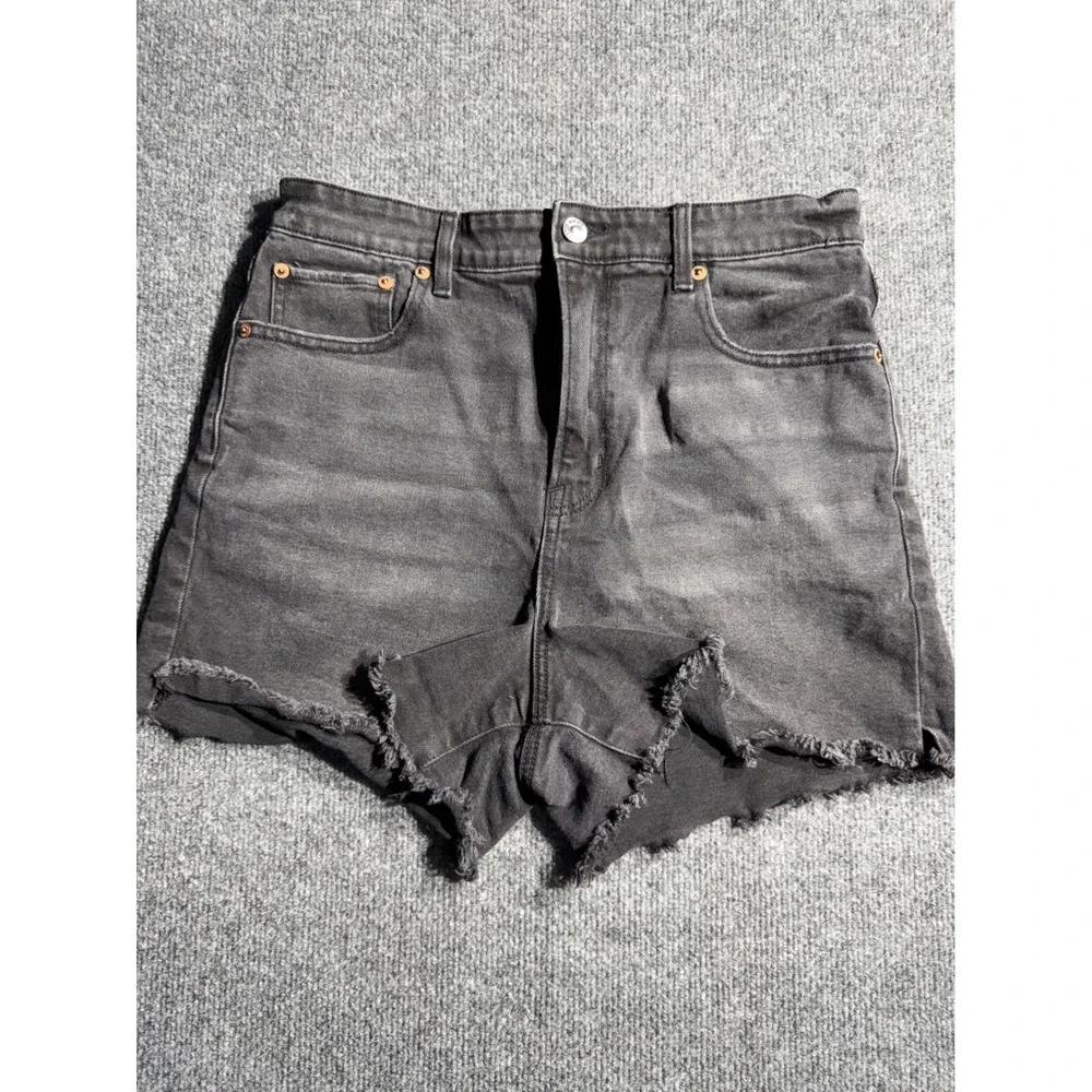 American Eagle Women 10 Black High Waisted Raw Hem Denim Shorts Stretch